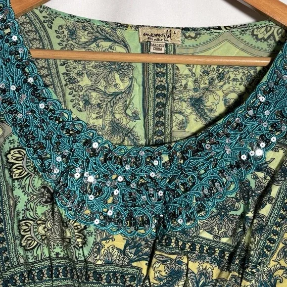 One World Top Womens Large Boho Tunic Sequins Flowy Artsy Fairy Babydoll Empire - Picture 2 of 6